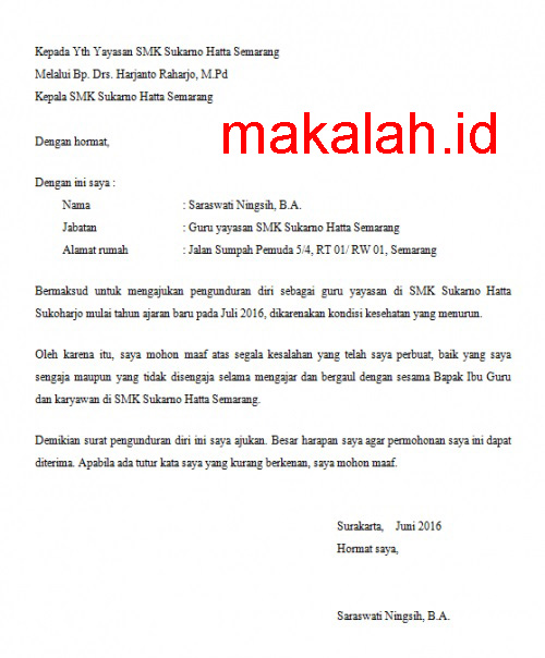 Contoh Surat Pengunduran Diri dari Sekolah (via: makalah.id)