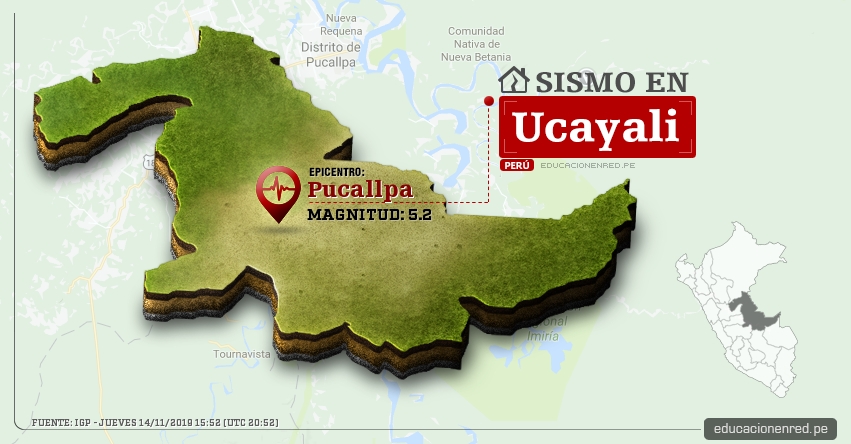 Temblor en Ucayali de Magnitud 5.2 (Hoy Jueves 14 Noviembre 2019) Terremoto - Sismo - Epicentro - Pucallpa - Coronel Portillo - IGP - www.igp.gob.pe