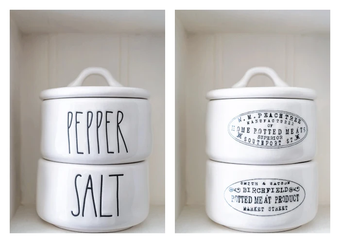 Rae Dunn salt and pepper cells, front and back with antique decals