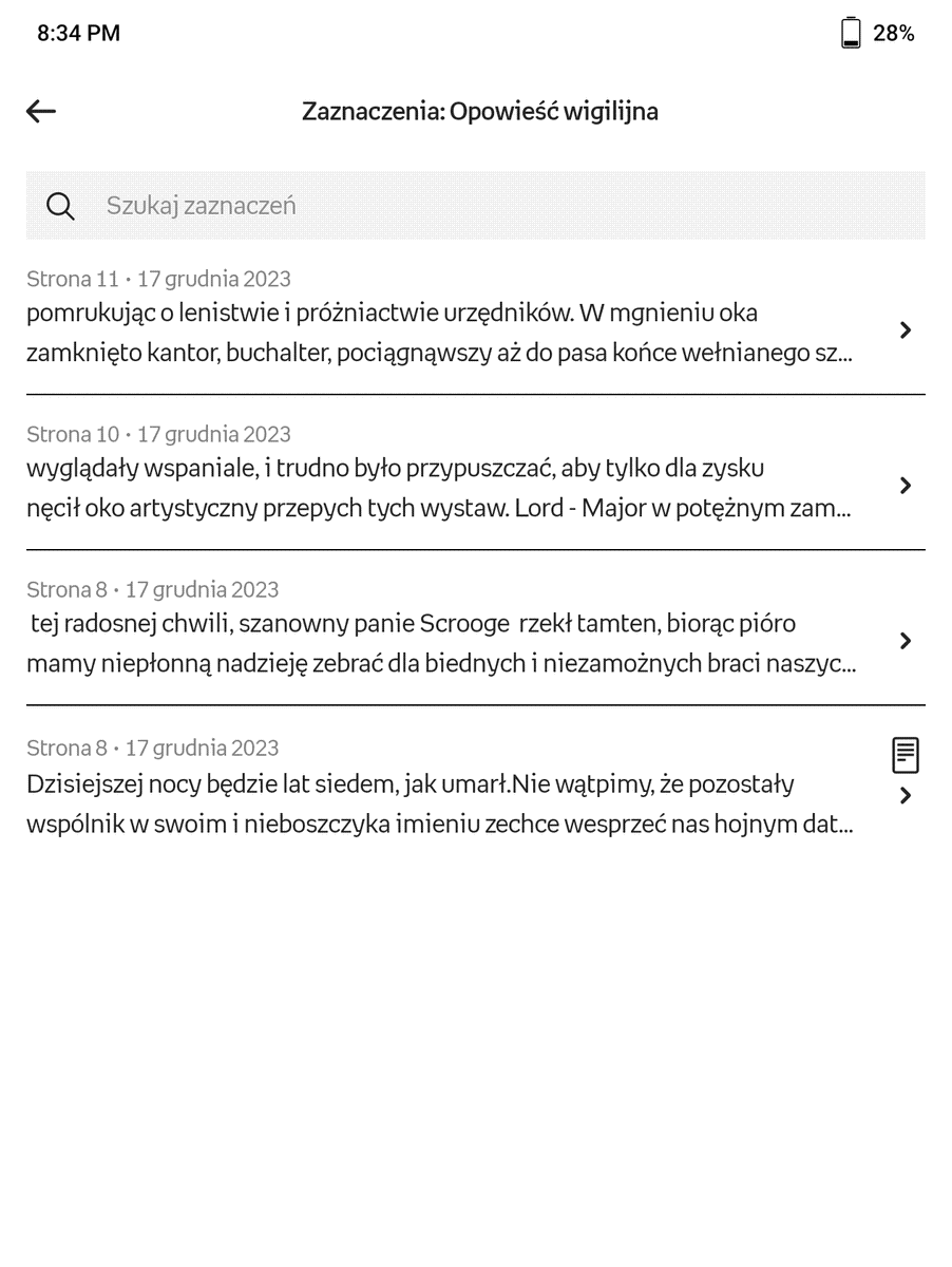 Onyx Boox Page – lista dodanych zaznaczeń w e-booku w aplikacji Empik Go