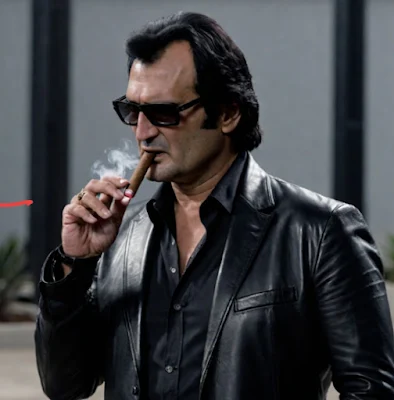 Robert Rodriguez wearing sunglasses smoking a cigar from the chest up wearing a black leather blazer