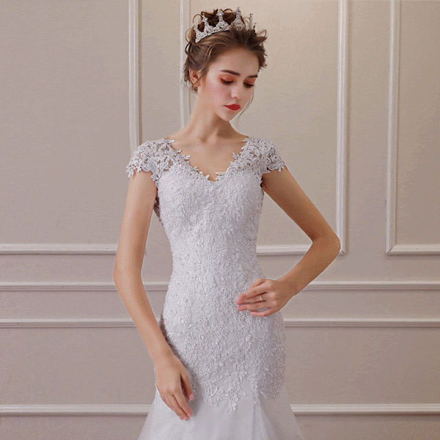 QQ Lover 2018 Vestido de noiva White Backless Lace Mermaid Wedding Dresses V-Neck Short Sleeve Wedding Gown Bride Dress