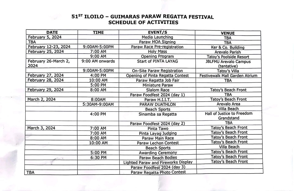 Paraw Regatta 2024 Schedule of Activities