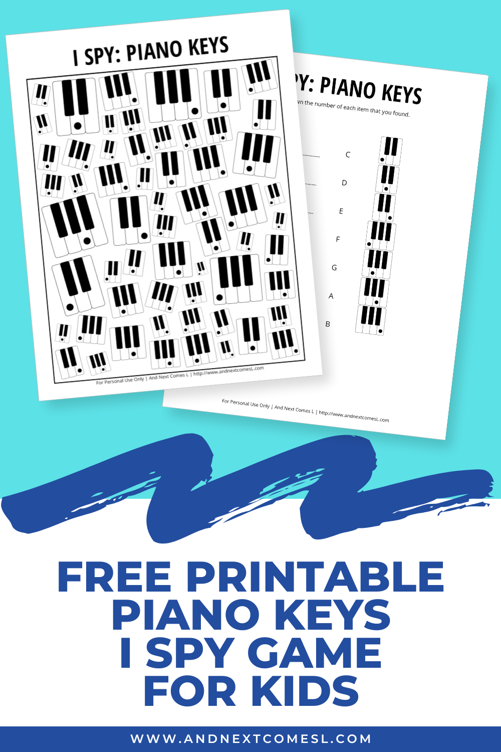 Free printable piano keys music themed I spy game for kids - a great piano theory and music game for kids