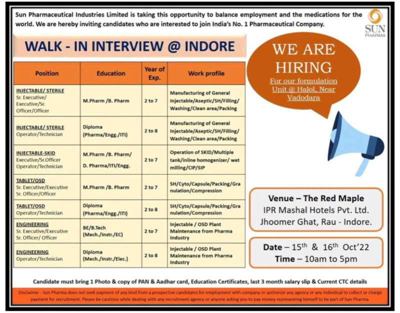 Job Available's for Sun Pharmaceutical Industries Ltd Walk-In Interview for M Pharm/ B Pharm/ Diploma/ ITI/ D Pharm/ BE/ B Tech Mechanical/ Instrumentation/ Electrical