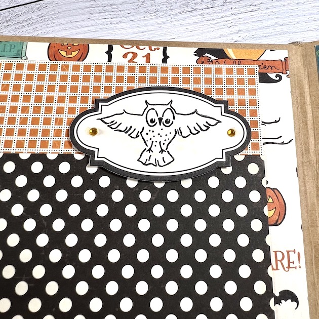 Halloween Scrapbook Album Page with owl and rhinestones