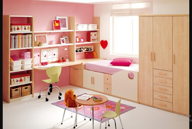 Simple Interior Design for The Bedroom For Girls with pink wall color and pink cupboard