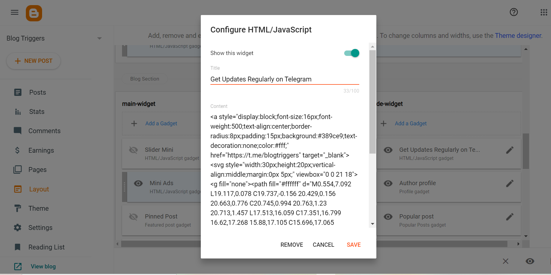 Customizing the telegram widget share button code in blogger