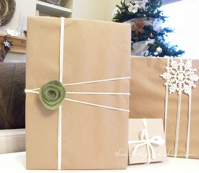 neutrally wrapped presents with kraft paper and yarn