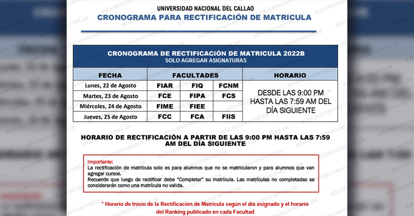 UNC: Cronograma para la rectificación de matrícula 2022B - Universidad Nacional del Callao