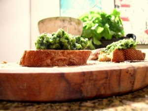 Cilantro Pesto on Slices of Fresh Bread