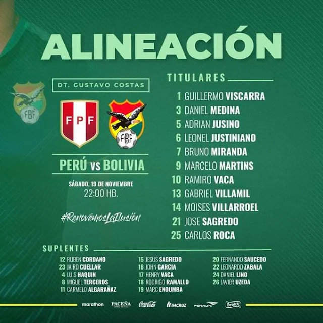 Alineación de Bolivia para jugar contra Peru en Arequipa