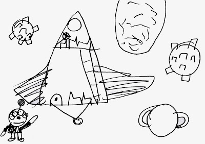 drawing of alien, rocket, planets