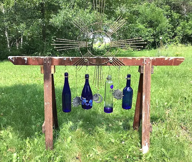 Rustic Repurposed Sawhorse/Bottle Wind Chimes