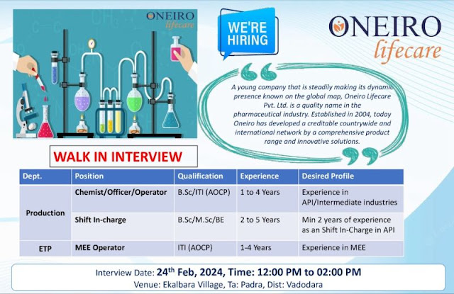 Oneiro Lifecare Walk In Interview For MSc/ BSc/ BE/ AOCP- Production & ETP Dept