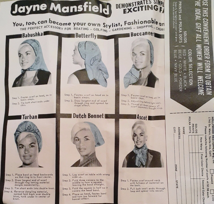 A Vintage Nerd, Vintage Blog, Jayne Mansfield Headscarf, Jayne Mansfield Headscarf Tutorial, Vintage Headscarves, Vintage Fashion Inspiration, Jayne Mansfield, Old Hollywood Fashion