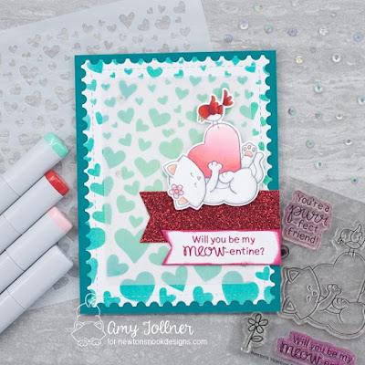 Inky Paws Challenge Color Challenge - Newton's Valentine stamp and die set, Tumbling Hearts stencil, Frames and Flags die set, Framework die set by Newton's Nook Designs #newtonsnook #handmade