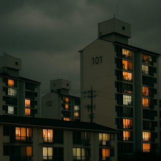A cozy apartment living room at dusk, with warm lights, two coffee cups on the table, and a view of the city outside the window.
