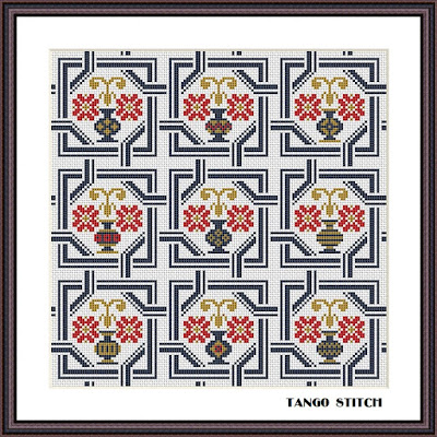 Vintage flower vase cross stitch hand embroidery - Tango Stitch