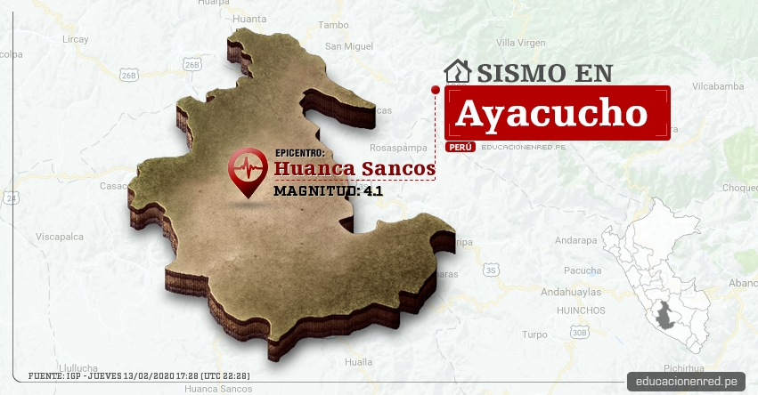 Temblor en Ayacucho de Magnitud 4.1 (Hoy Jueves 13 Febrero 2020) Sismo - Epicentro - Huanca Sancos - Sancos - IGP - www.igp.gob.pe