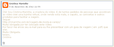 Comentário de Cristina marinho no blog