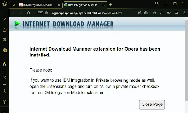 successful
  installation of the IDM extension for Opera GX
