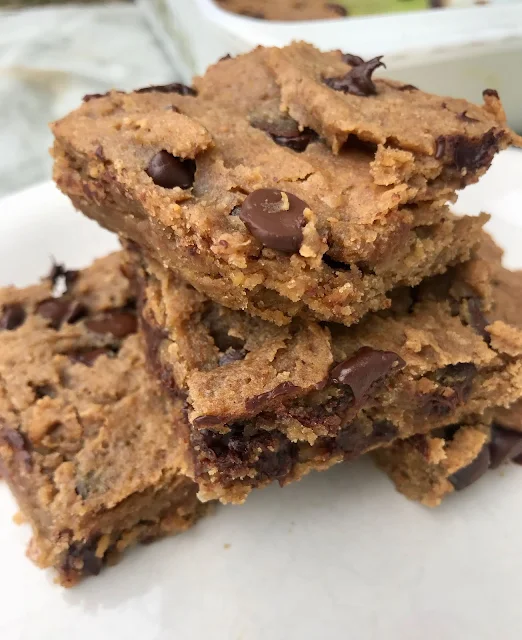 Stack of chocolate chip chickpea blondies.