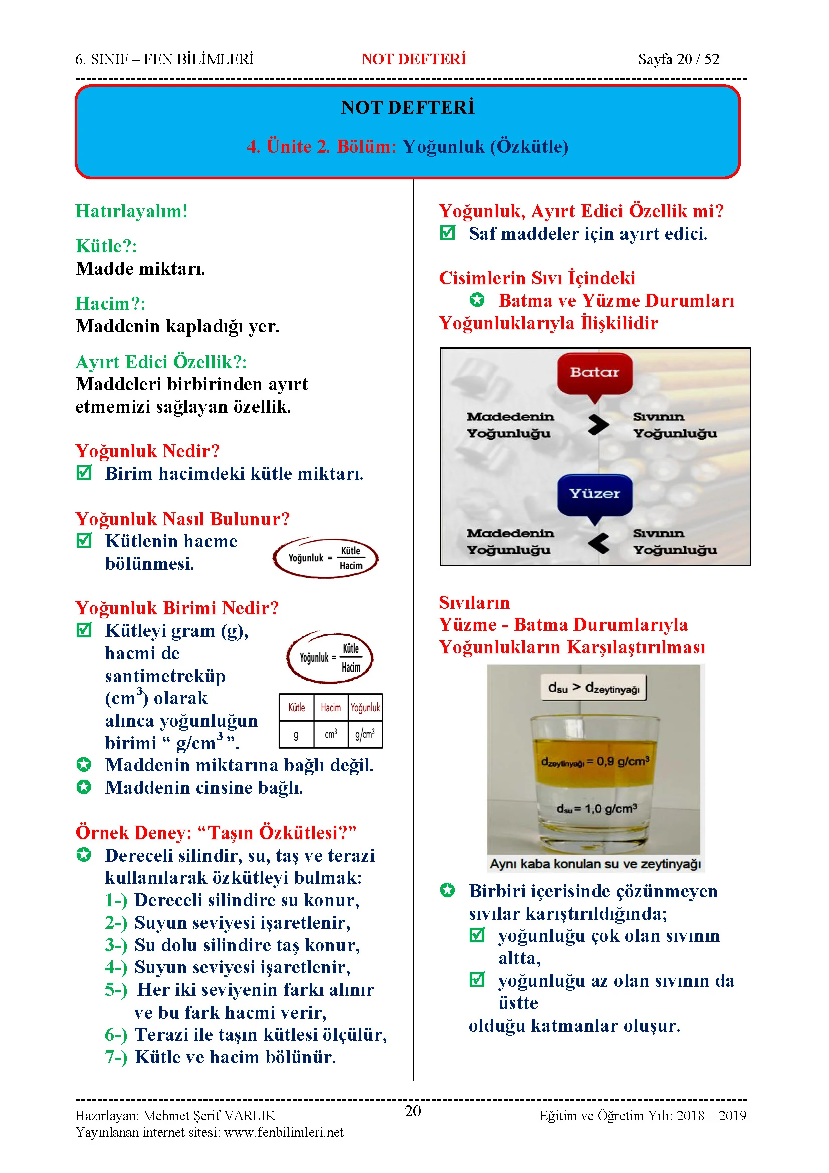 Fen Bilimleri 6.Sınıf Özet Ders Notu, Konu Anlatımı Pdf