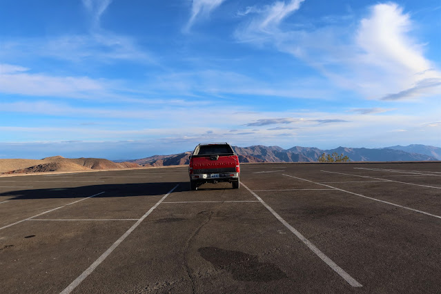 The red truck in the parking lot at Dante's View