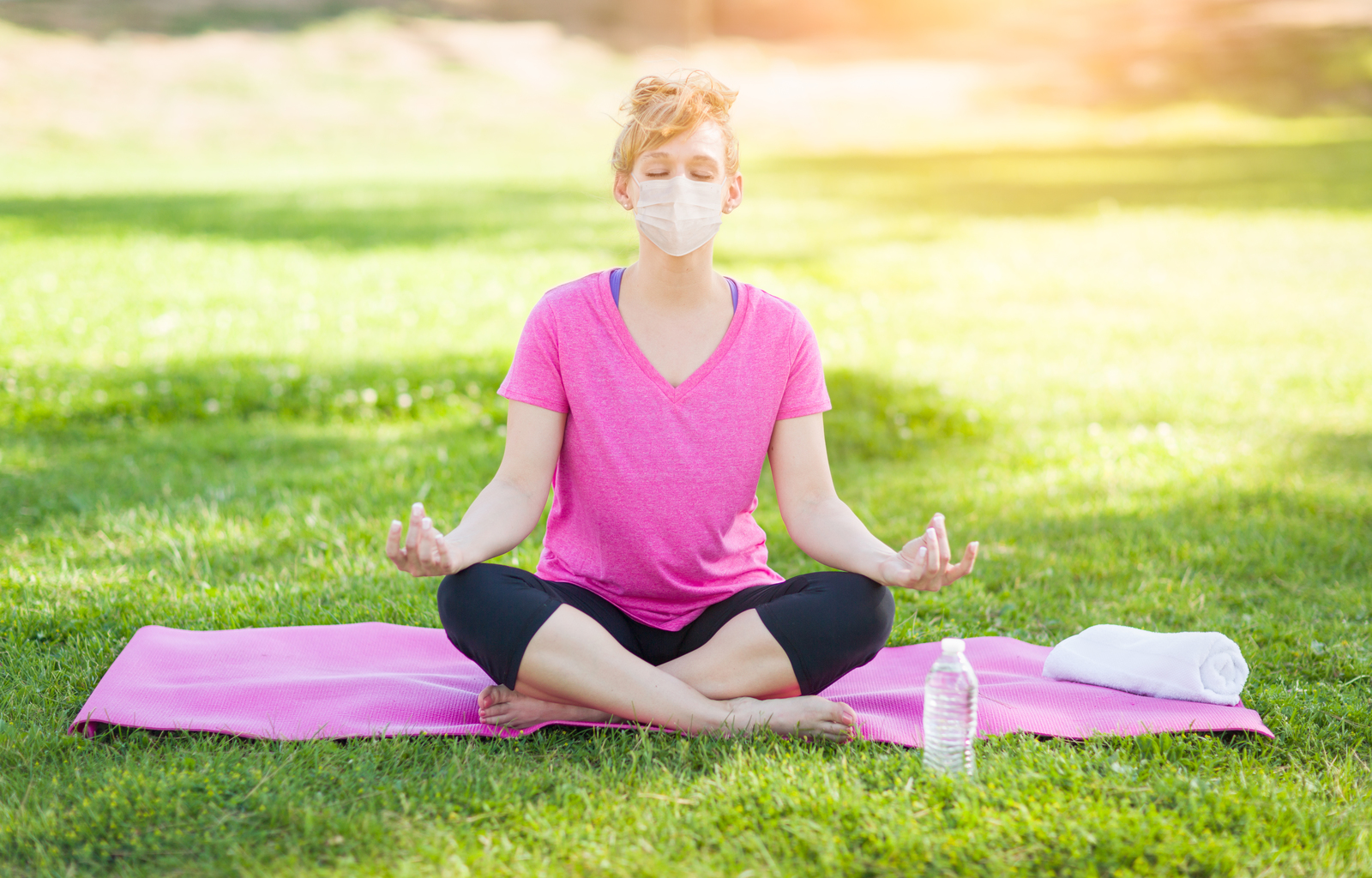 Best Meditation Guide for Beginners - Girl Wearing Medical Face Mask During Yoga Meditation Workout Outdoors