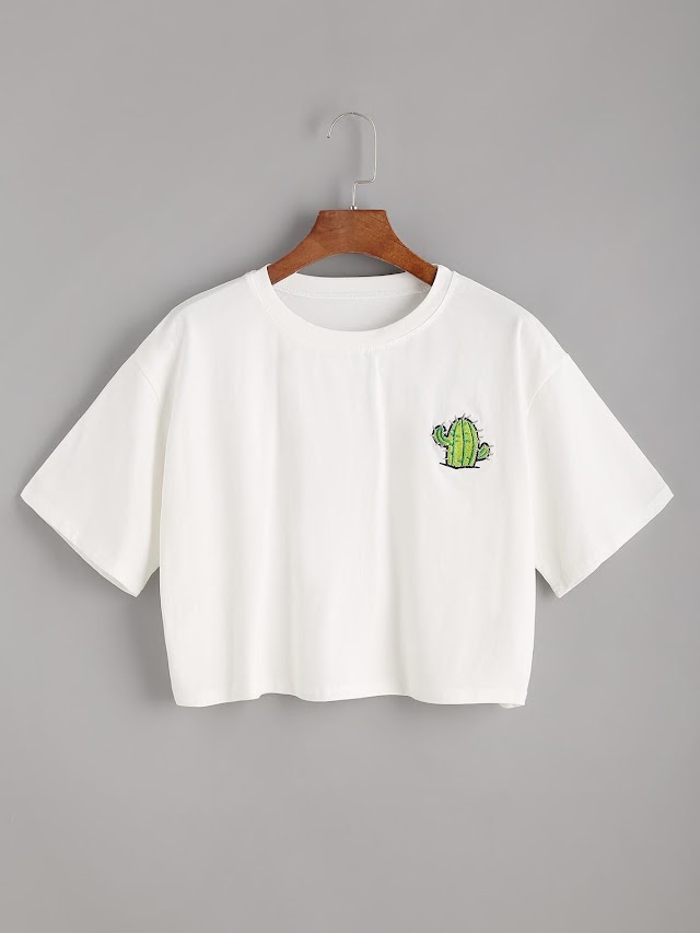 White Cactus Print Crop T-shirt