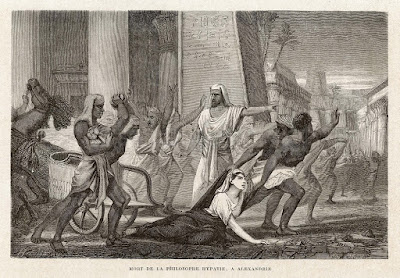 Asesinato de Hipatia. Dibujo de Louis Figuier. 1866.  https://pinceladasdelpasado.blogspot.com