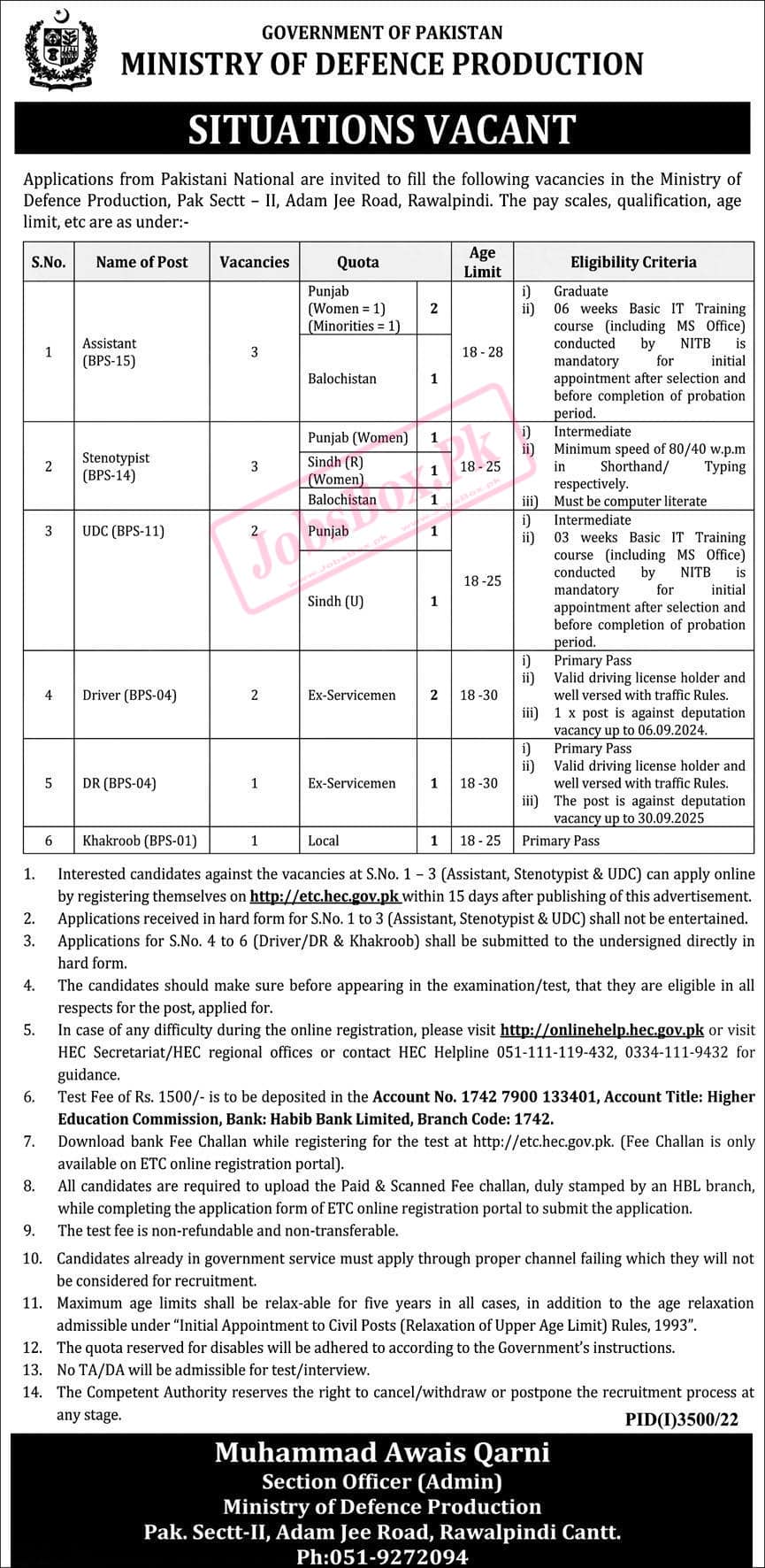 Ministry of Defence Production Rawalpindi Jobs 2022 Latest Advertisement