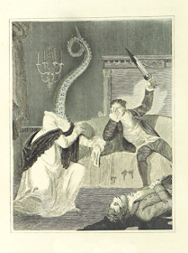 A vintage style illustration person with an octopus arm for a head getting attacked by someone with a sword.