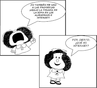 Dos viñetas de Mafalda (popular personaje de tiras cómicas de Argentina) preguntando ¿qué es internet?
