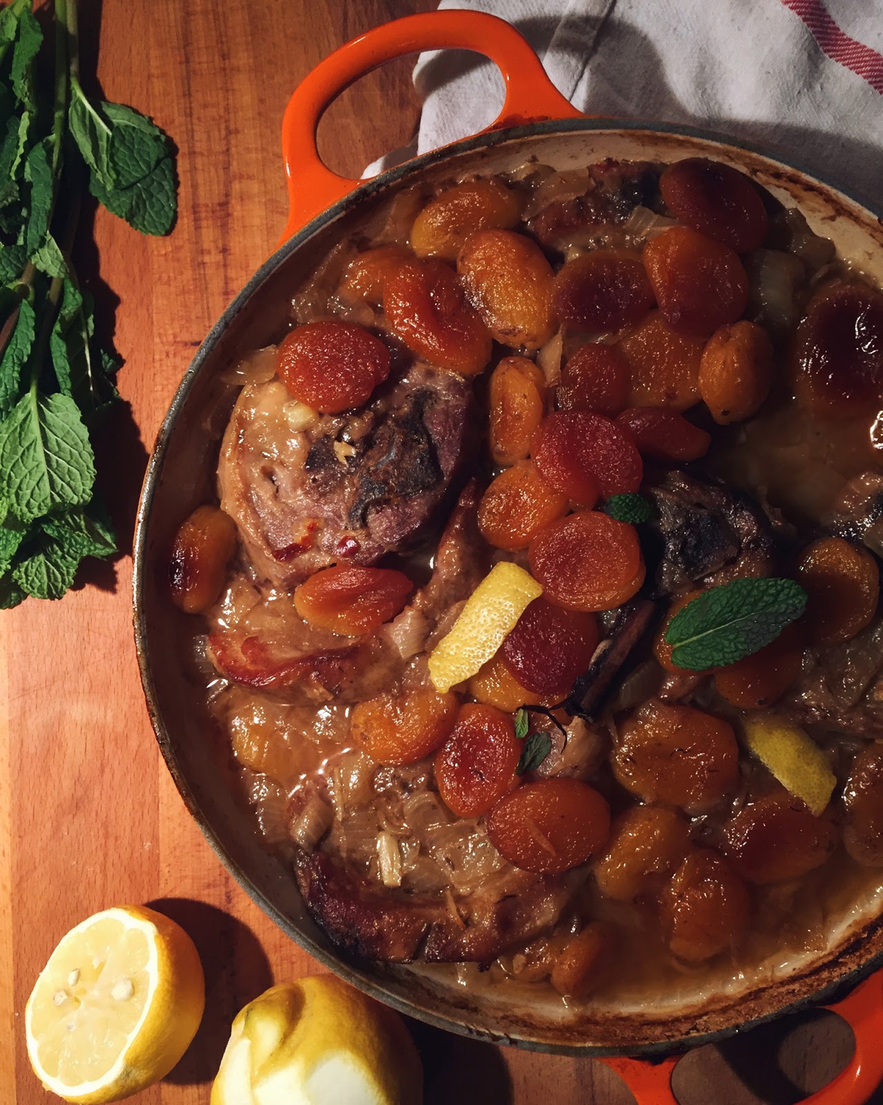 Braised Lamb Neck with Apricots in Le Creuset