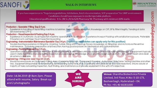 Sanofi India | Walk-in interview for Production/Engineering | 14th April 2019 | Hyderabad