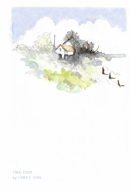 Vineyard in Tokaj (Hu) - sketched in watercolor on location by Linda S. Leon for https://tussendelijntjes.blogspot.com/