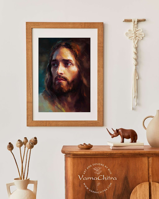 Unique close up painting of Jesus Christ in Impasto Thick Oil Painting Style.  Colorful deep colors, handsome Jesus with elegant look, by Biju Varnachitra