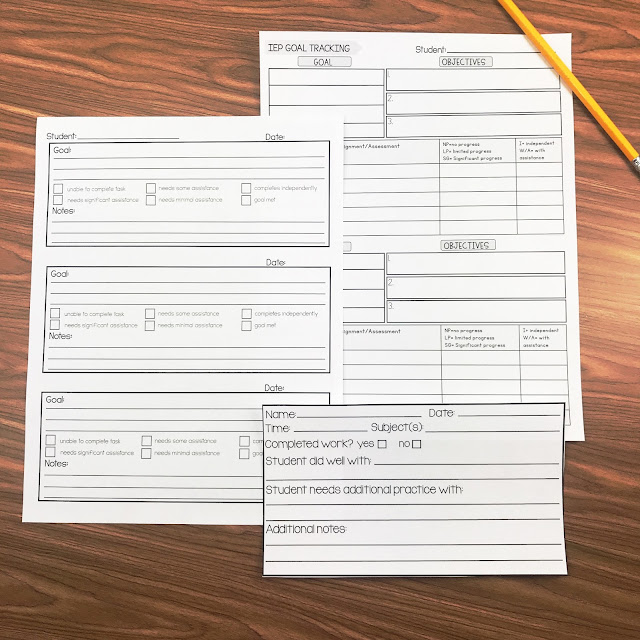 IEP goal tracking data sheets. 