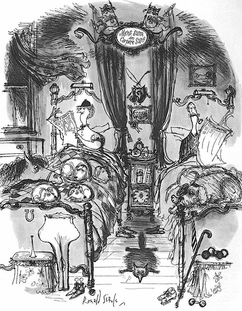 a Ronald Searle drawing of an upper class couple in bed