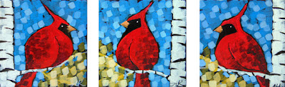 golden land cardinals triptych painting by artist aaron kloss, painting of cardinals, minnesota landscape painting, cardinals in the fall