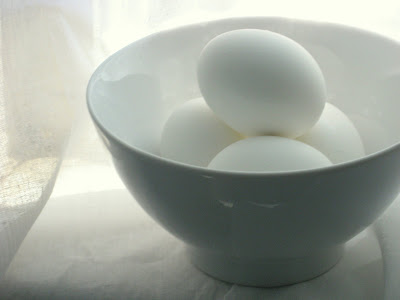 white still life of eggs in bowl