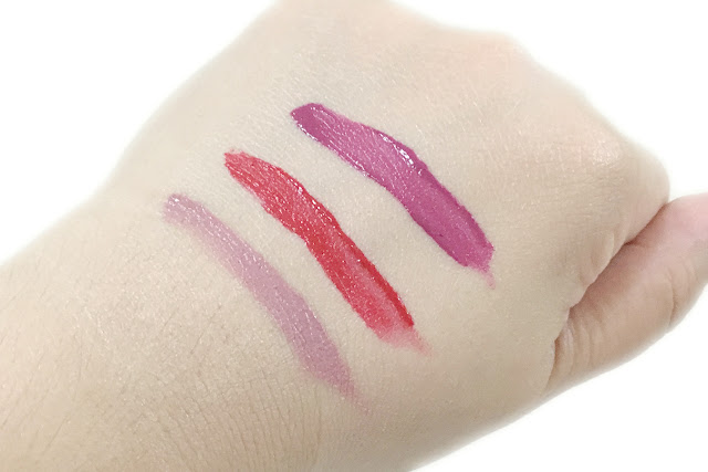 Burberry Liquid Lip Velvet in Fawn Rose, Regiment Red, and Brilliant Violet Swatch