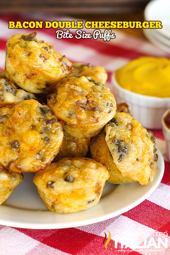 Tastes just like a bacon double cheeseburger in a bite size puff. They are soft, tender and a little buttery just like a hamburger bun.Loaded with makings of our favorite burgers: beef, bacon and cheese. This recipe is a complete hit, game day or any day! @SlowRoasted