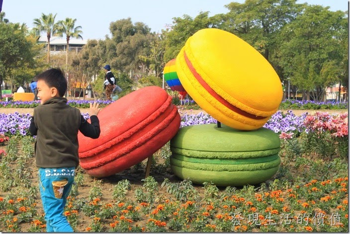 台南-2015百花祭。好大的馬卡龍甜點，看每個遊客都很想咬一口。