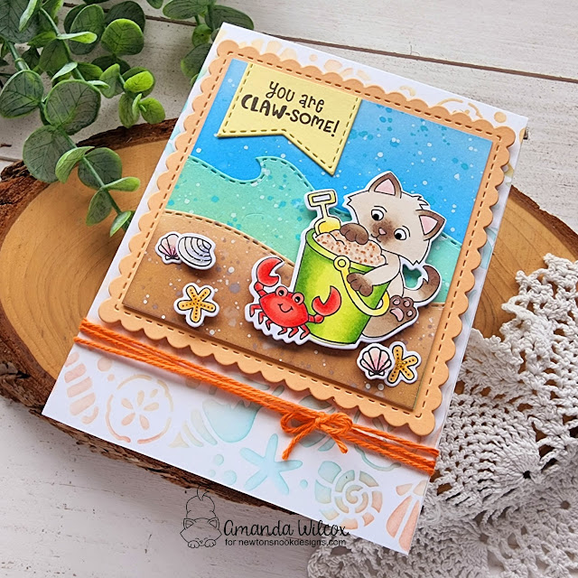 You are Claw-some Card by Amanda Wilcox | Kitten Beach Stamp Set, Frames Squared Die Set, Land Borders Die Set, Sea Borders Die Set and Seashells Stencil by Newton's Nook Designs #newtonsnook