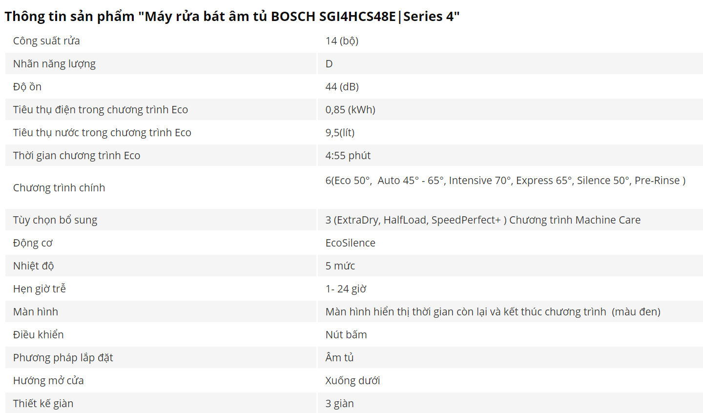 Máy rửa bát âm tủ 14 bộ BOSCH SGI4HCS48E