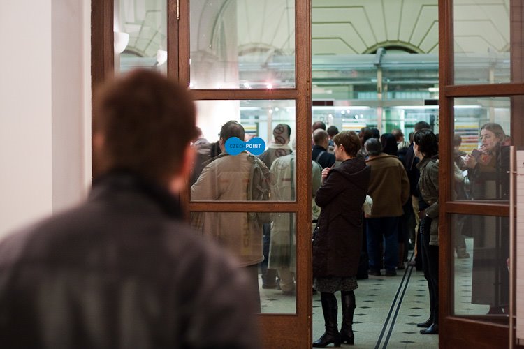 People waiting with tax declarations in Jindrisska post office, Prague