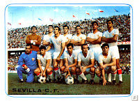 SEVILLA C. F. - Sevilla, España - Temporada 1970-71 - Rodri, Toni, Toñánez, Hita, Costas y Santos Bedoya; Manolito Perez( masajista), Lora, Rodriguez, Acosta, Eloy y Berruezo - SEVILLA C. F. 0 F. C. BARCELONA 1 (Rexach) - 15/11/1970 - Liga de 1ª División, jornada 9 - Sevilla, estadio Ramón Sánchez Pizjuán - El Sevilla fue 7º en la Liga, con Max Merkel y Diego Villalonga de entrenadores